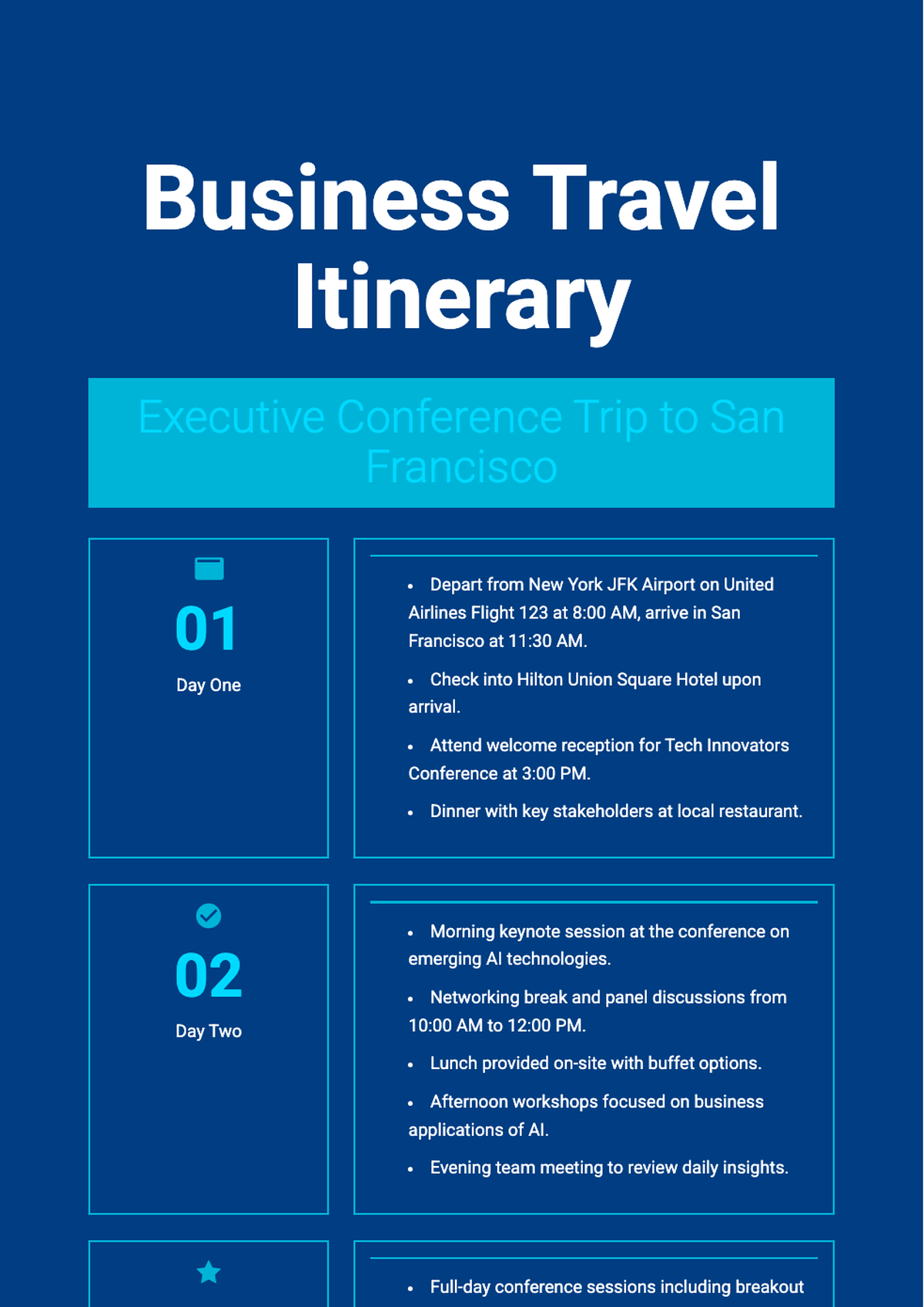 Business travel itinerary with daily schedule and icons_variant_2